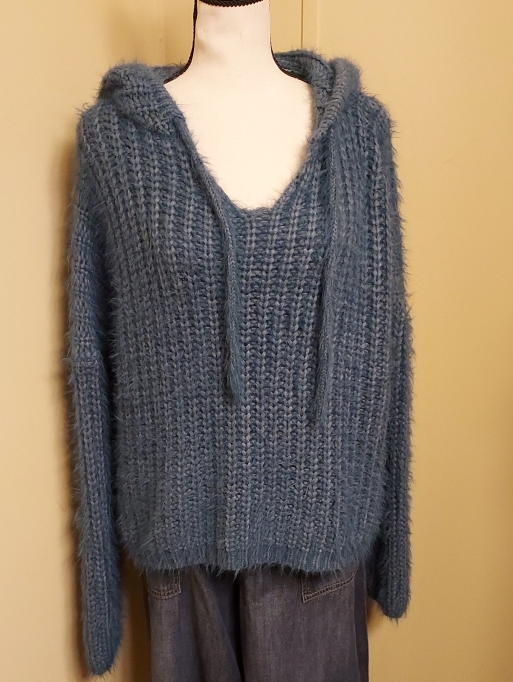 Cozy Blue Fuzzy Knit Hoodie Sweater
